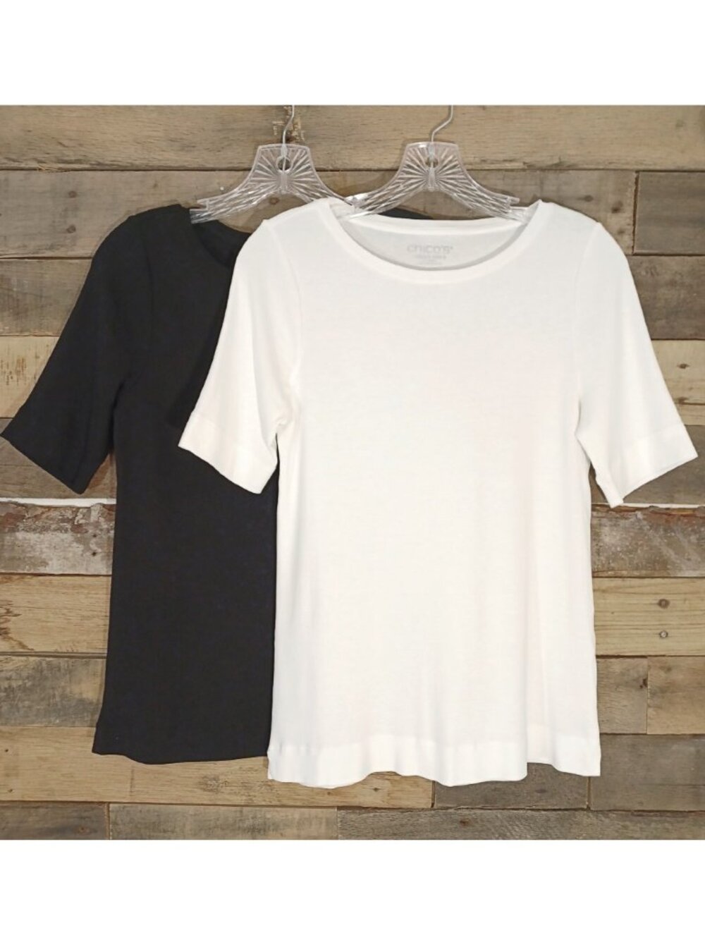 2 Chico's Pima Cotton Elbow Sleeve Tees Solid White Solid Black
